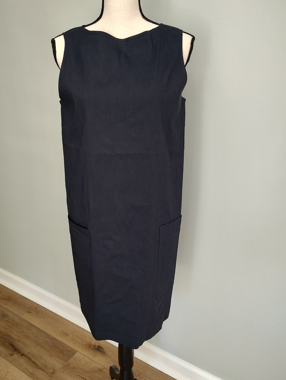 Theory Linen Blend Gray Black Sleeveless Shift Dress Patch Pockets Minimalist 8